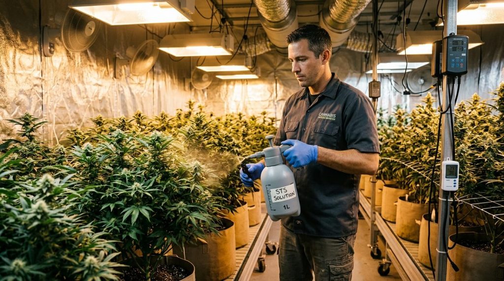 breeder spraying cannabis plants