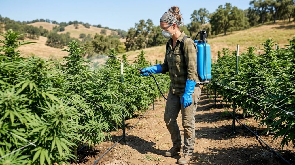 cannabis grower spraying cannabis plants