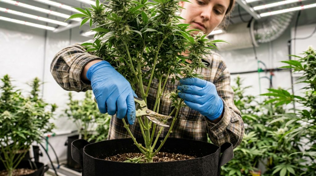 grower trimming cannabis plant bud