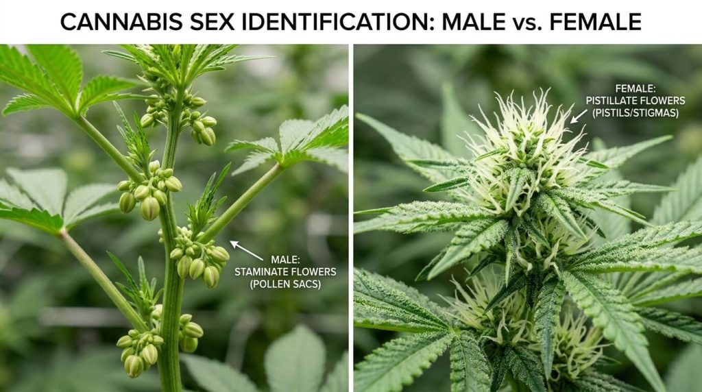 male and female comparison on cannabis plant