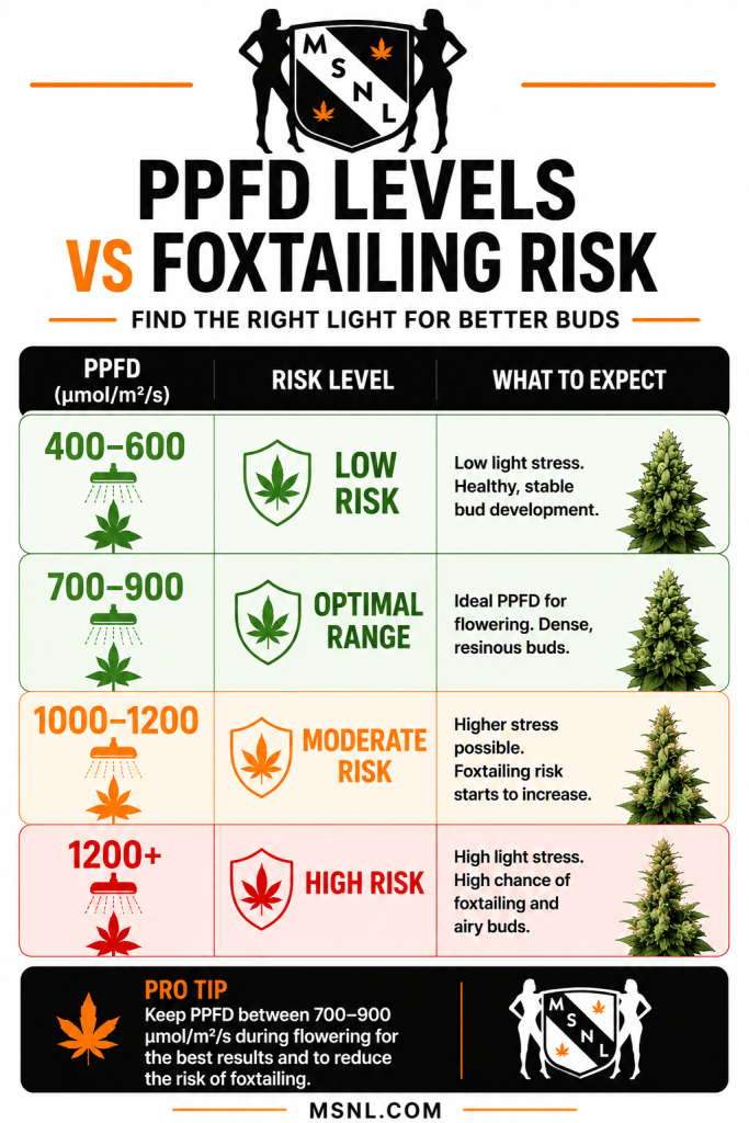 PPFD Levels vs Foxtailing Risk Infographic for Cannabis Plants