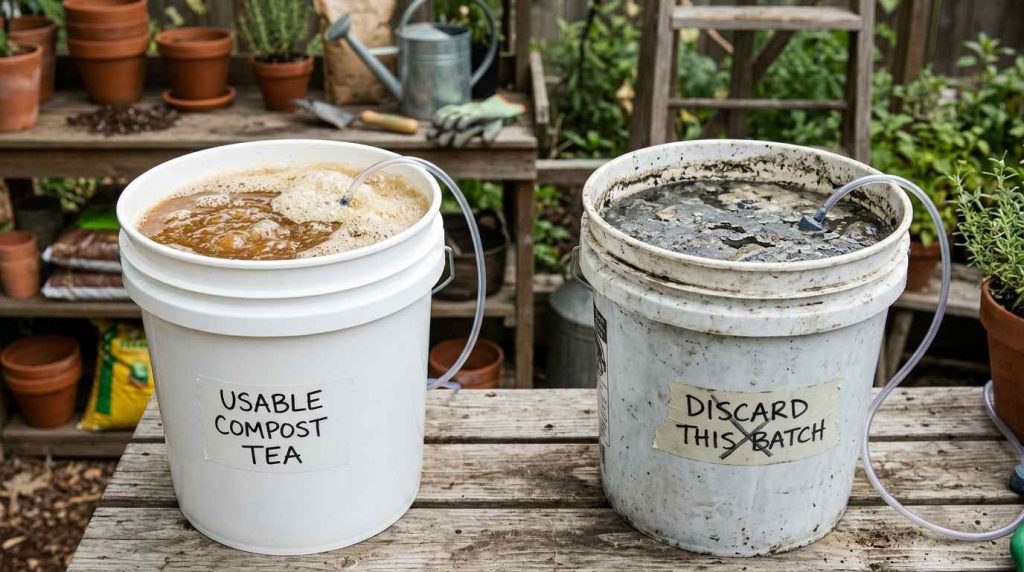 Side-by-side comparison of healthy compost tea and a spoiled batch that should be discarded