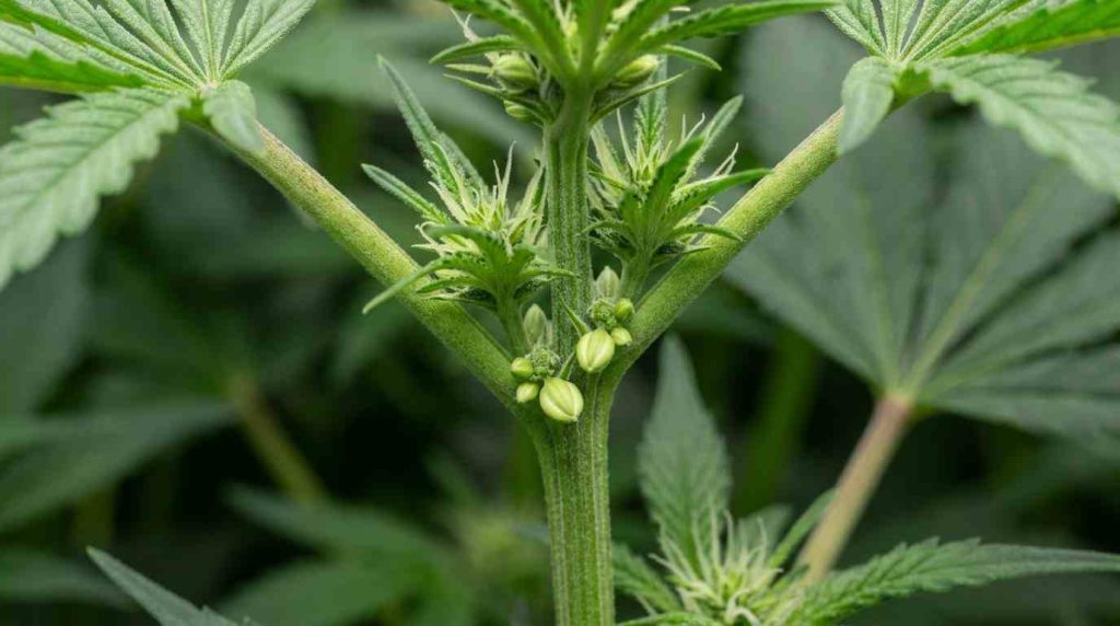 Early pollen sacs developing at a node on a hermie cannabis plant.
