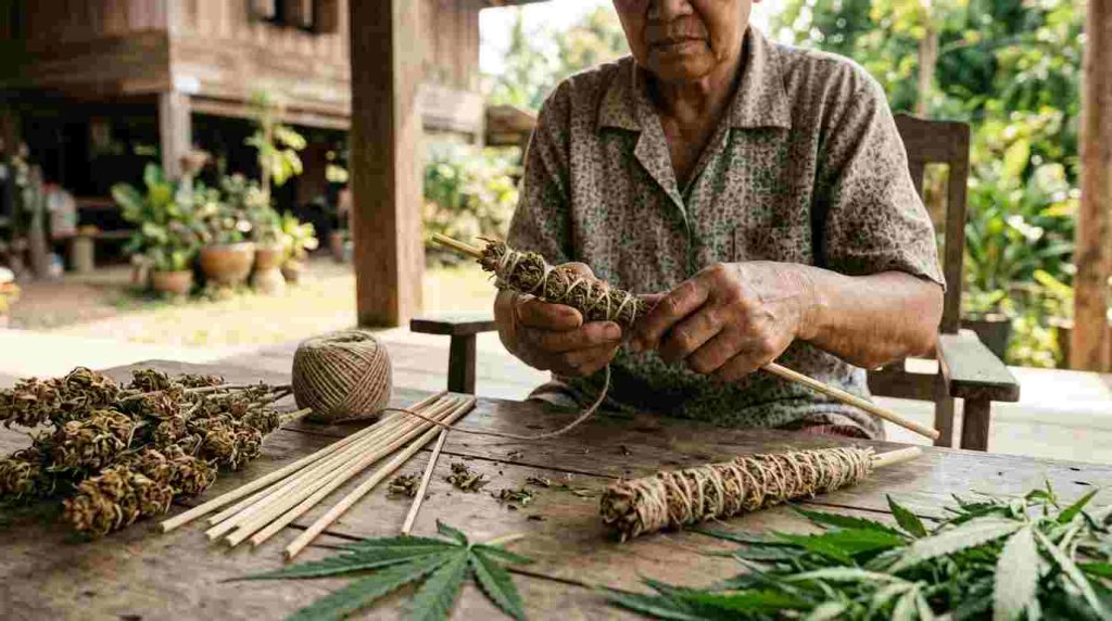 preparing traditional thai sticks