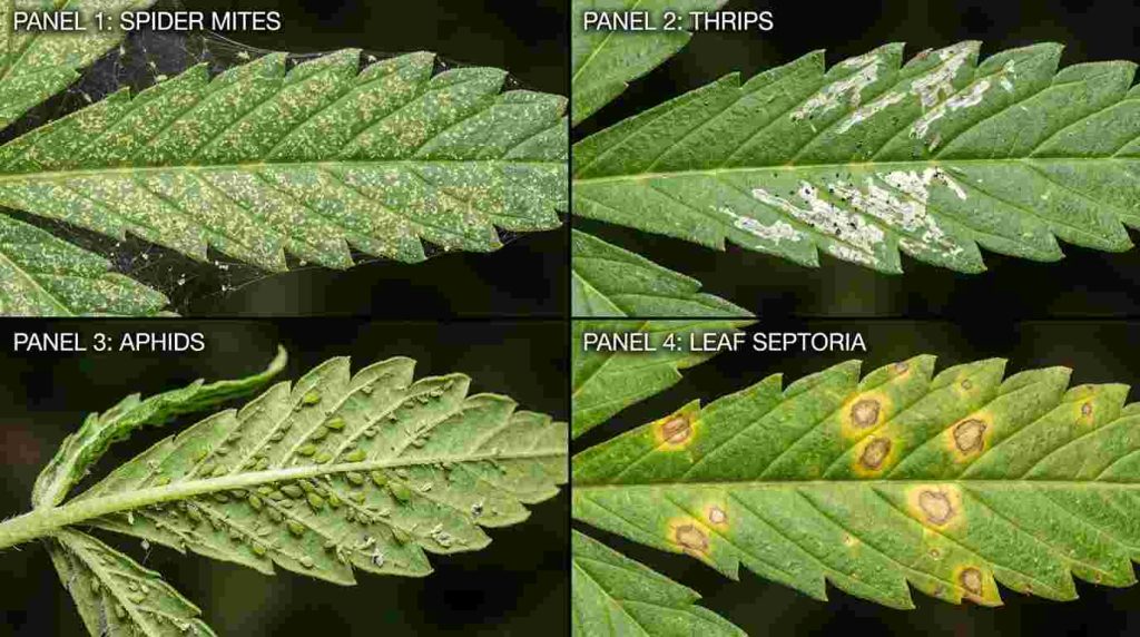 Autoflower leaf damage from spider mites, thrips, aphids and Leaf Septoria
