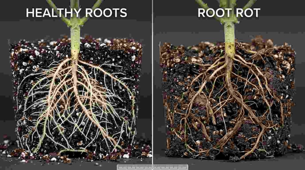 Healthy autoflower roots compared with brown damaged roots affected by root rot