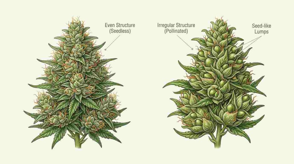 Pollinated cannabis bud showing swollen bracts and uneven seed-like lumps