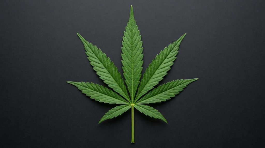 Mature seven-leaflet cannabis fan leaf showing serrated edges, veins and petiole