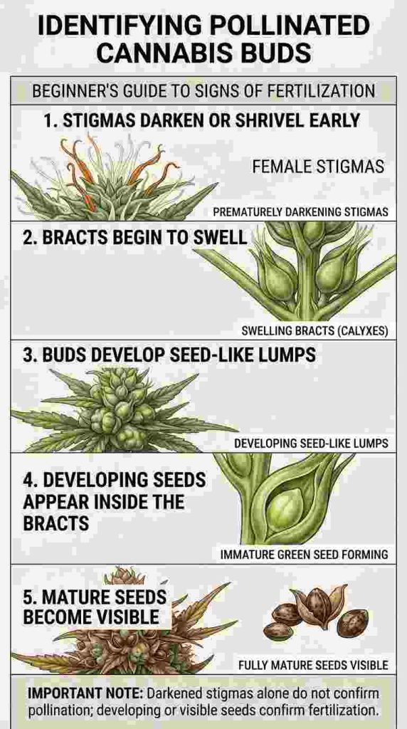 Signs of pollinated cannabis buds from darkening stigmas to developing and mature seeds