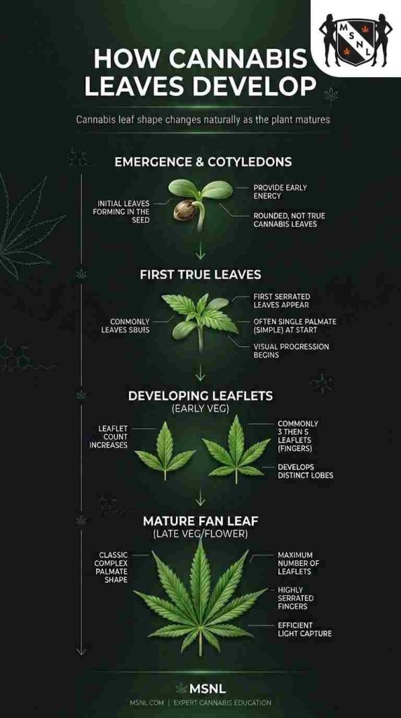 Cannabis leaf development from cotyledons to one-, three-, five-, seven- and nine-leaflet leaves