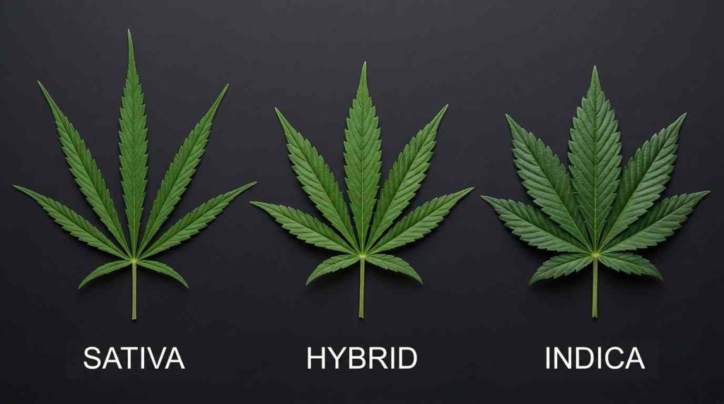 Sativa, hybrid and Indica-type cannabis leaf shapes showing narrow to broad leaflets