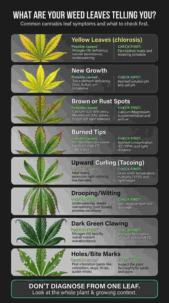 Common cannabis leaf problems including yellowing, brown spots, burned tips, curling, drooping and pest damage