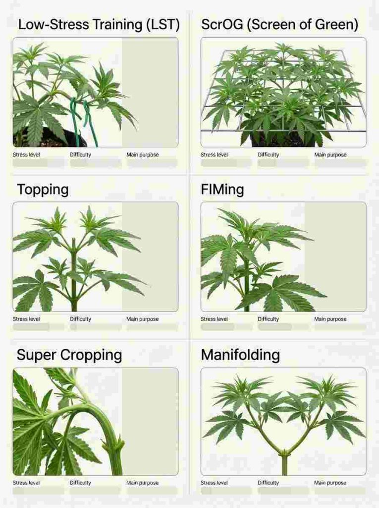 Comparison of LST, ScrOG, topping, FIMing, super cropping, and manifolding for cannabis plants