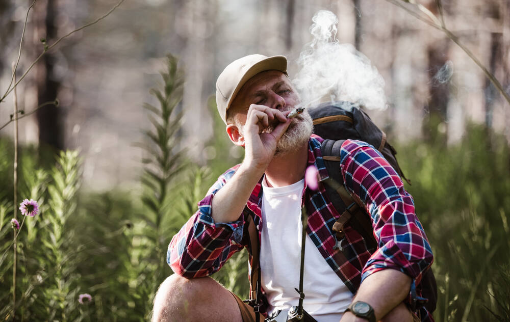 a man in a chequered shirt in the forest taking a draw from a cannabis joint
