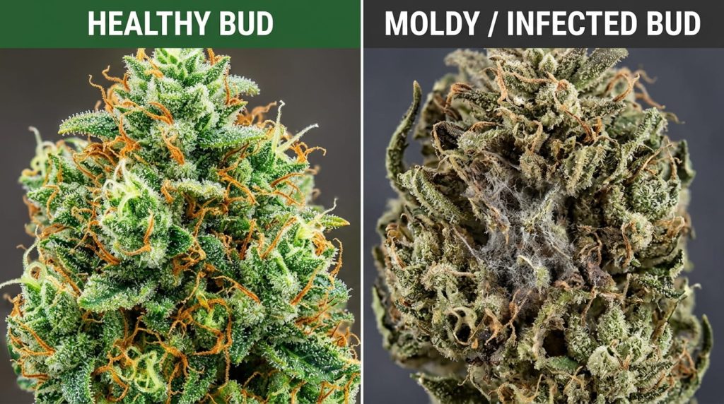 side by side comparison of healthy and moldy cannabis plant
