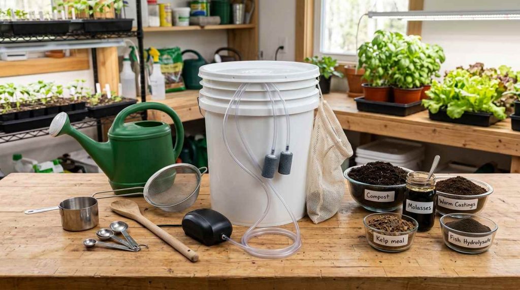 Ingredients and equipment laid out for making compost tea for cannabis