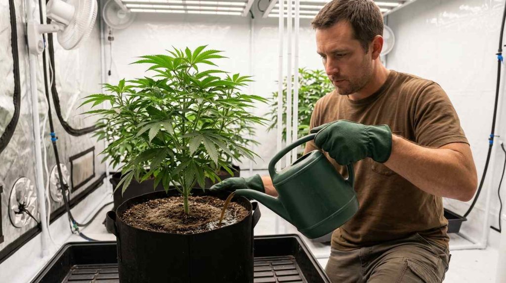 Grower applying compost tea around the root zone of a cannabis plant in a fabric pot