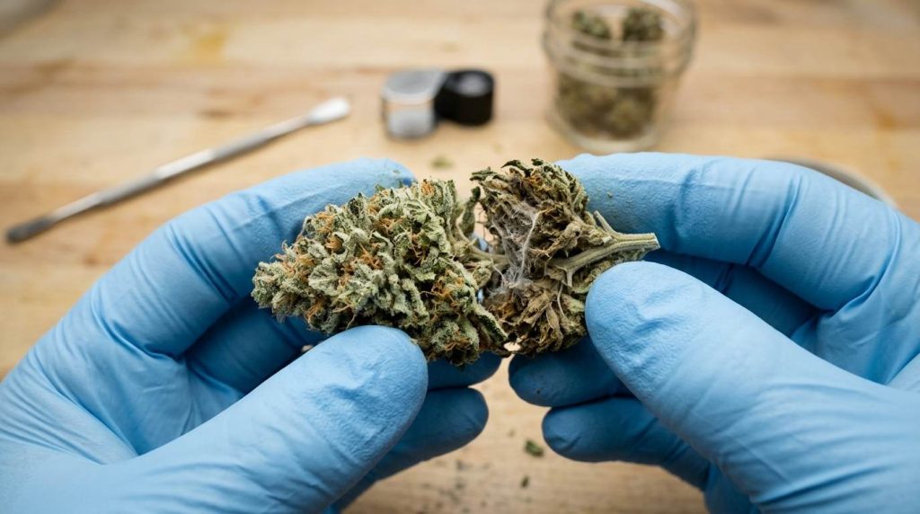 hands breaking cannabis bud