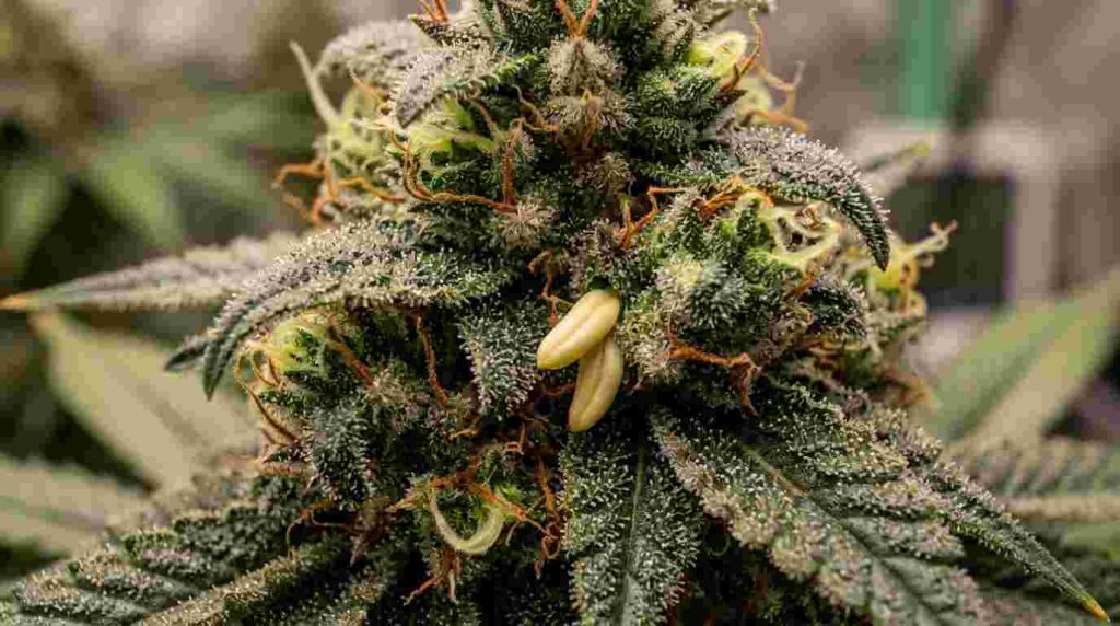 Yellow nanners emerging from a flowering hermie cannabis bud.