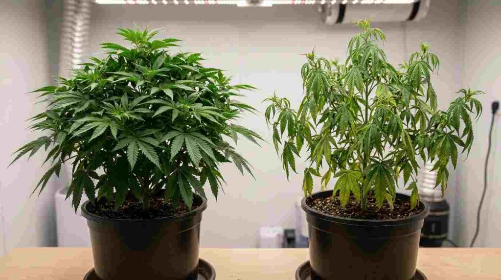 Healthy cannabis plant compared with a stressed plant that should not be defoliated