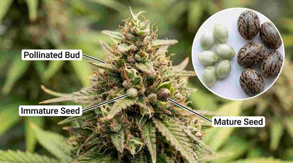 Mature cannabis seeds visible inside a pollinated cannabis bud