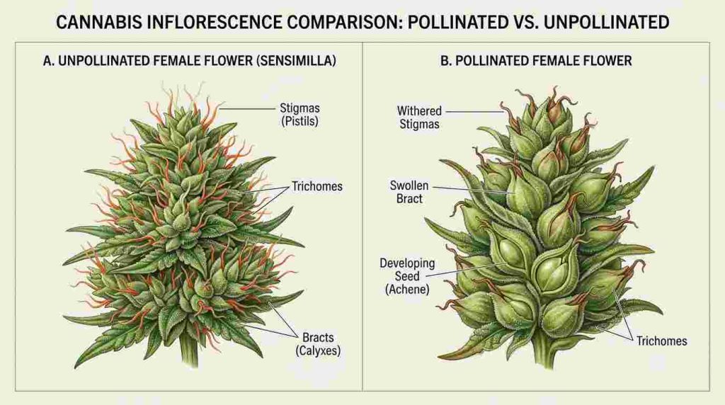Pollinated cannabis bud with developing seeds compared with an unpollinated seedless bud