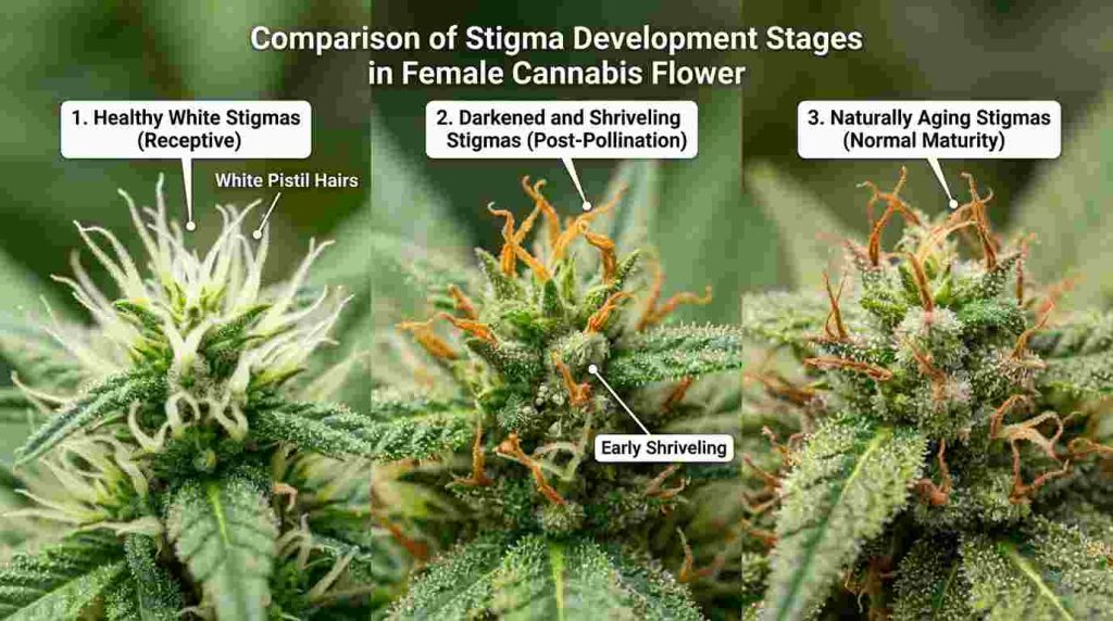 White cannabis stigmas compared with darkened and shriveled stigmas on flowering buds
