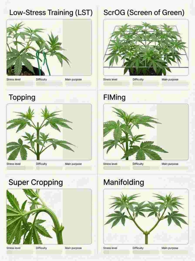Comparison of LST, ScrOG, topping, FIMing, super cropping, and manifolding for cannabis plants