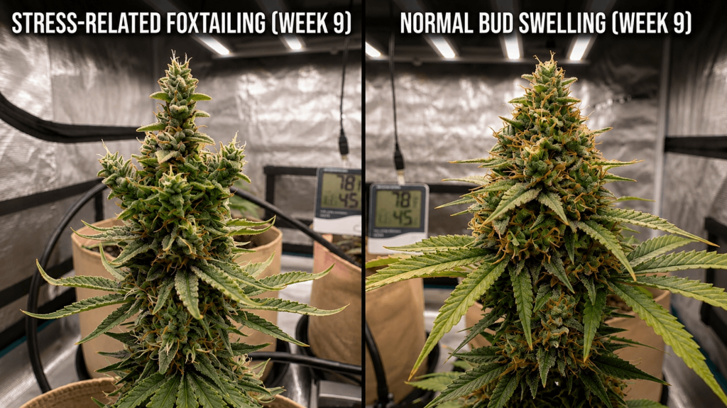 Side by Side Visual Comparison of bud swelling and stress related foxtailing