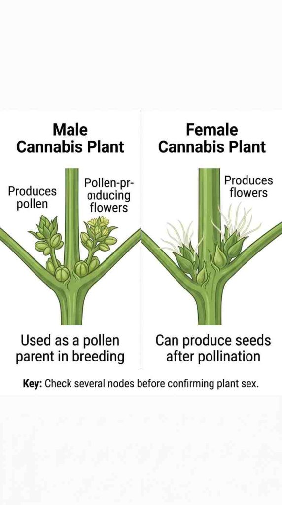 Infographic comparing male cannabis pollen sacs with female cannabis pre-flowers and white stigmas
