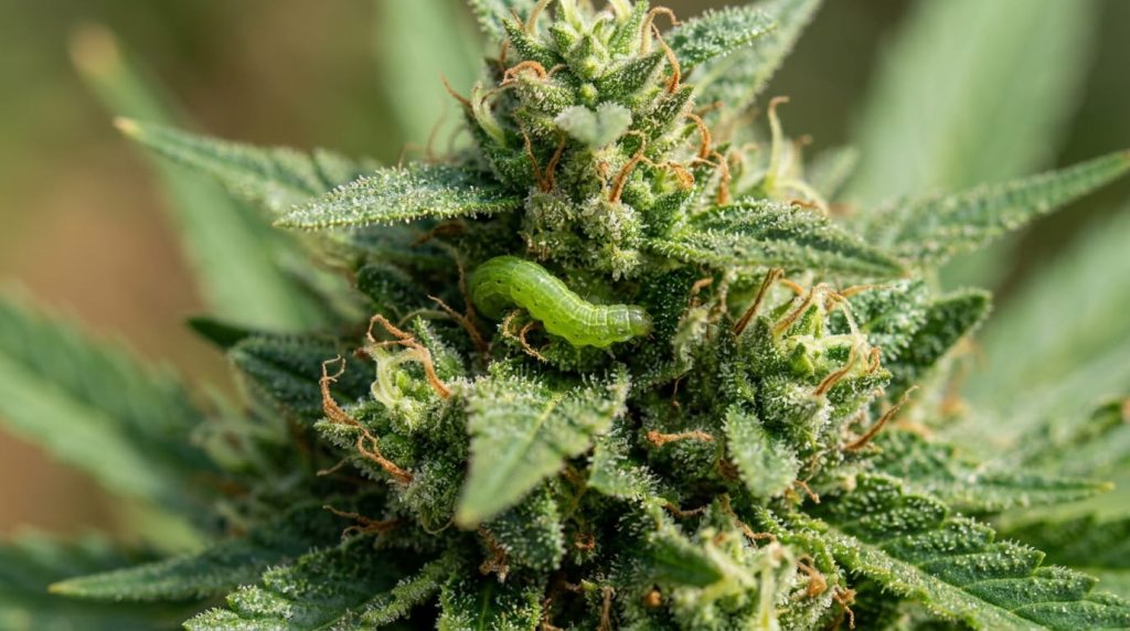 green caterpillar in cannabis bud