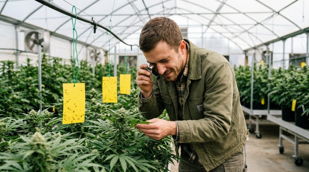 Grower checking leaves on a cannabis with yellow loupes in the background