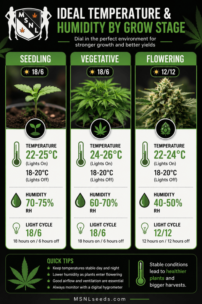 Ideal temperature and humidity per cannabis growth stage