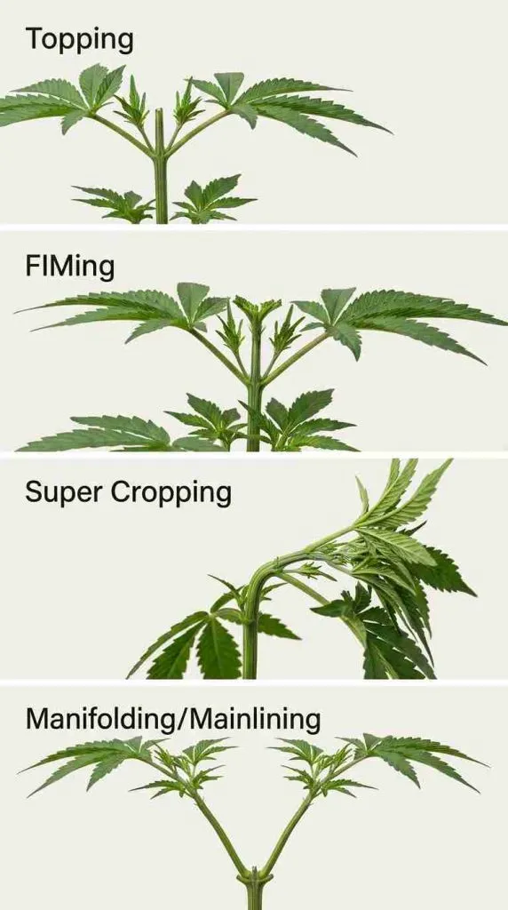 Infographic showing cannabis topping, FIMing, super cropping, and manifolding techniques