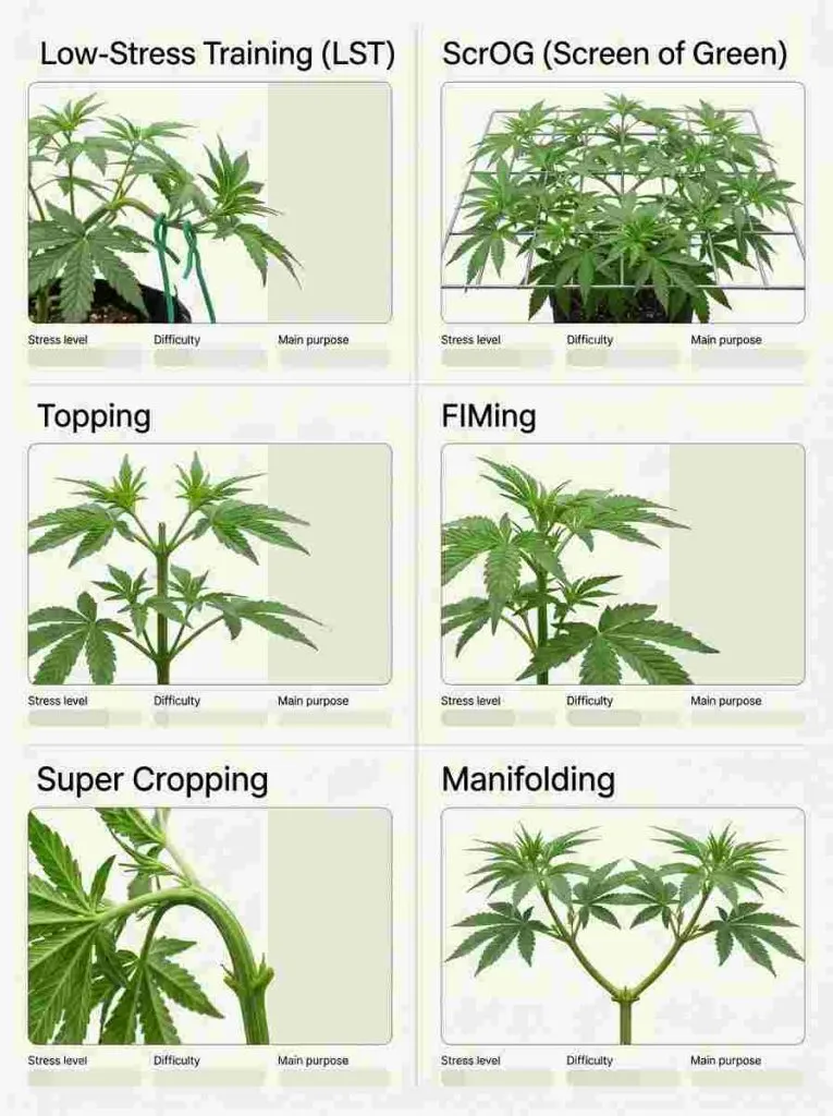 Comparison of LST, ScrOG, topping, FIMing, super cropping, and manifolding for cannabis plants