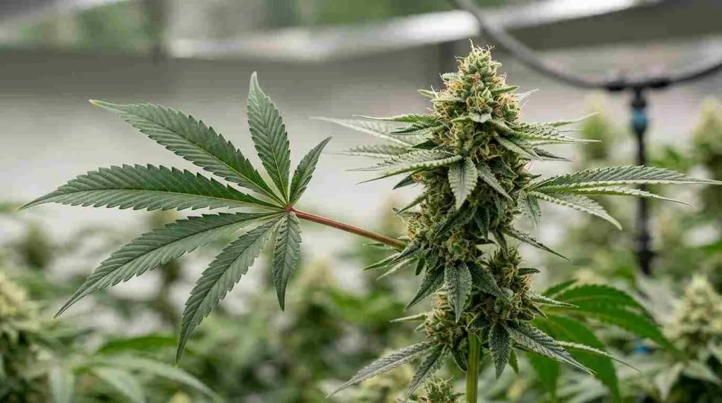 Cannabis fan leaves compared with sugar leaves around developing flowers