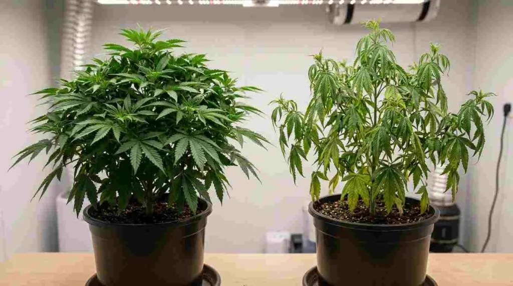 Healthy cannabis plant compared with a stressed plant that should not be defoliated