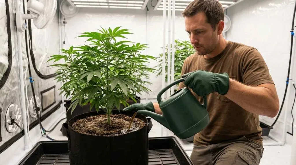 Grower applying compost tea around the root zone of a cannabis plant in a fabric pot