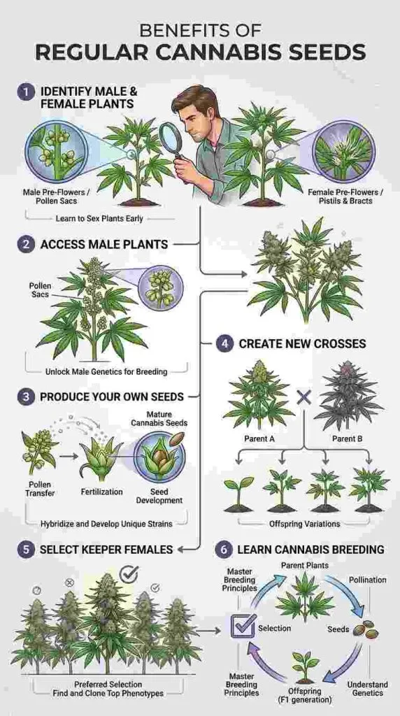 Infographic showing the main benefits of regular cannabis seeds including breeding, seed production and plant selection