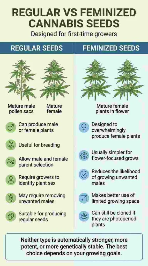 Infographic comparing regular vs feminized cannabis seeds for breeding, female plant production and limited growing space