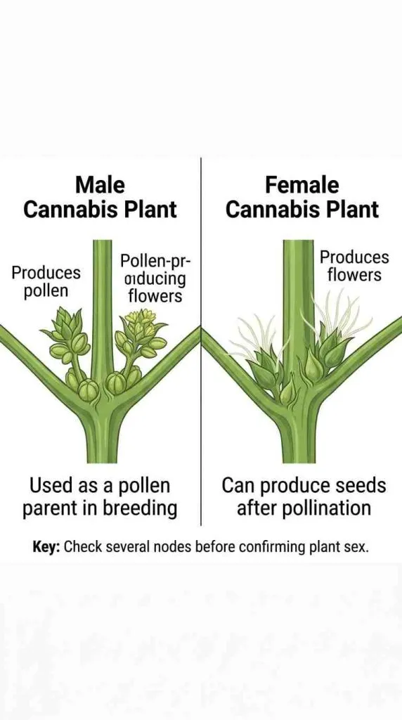 Infographic comparing male cannabis pollen sacs with female cannabis pre-flowers and white stigmas