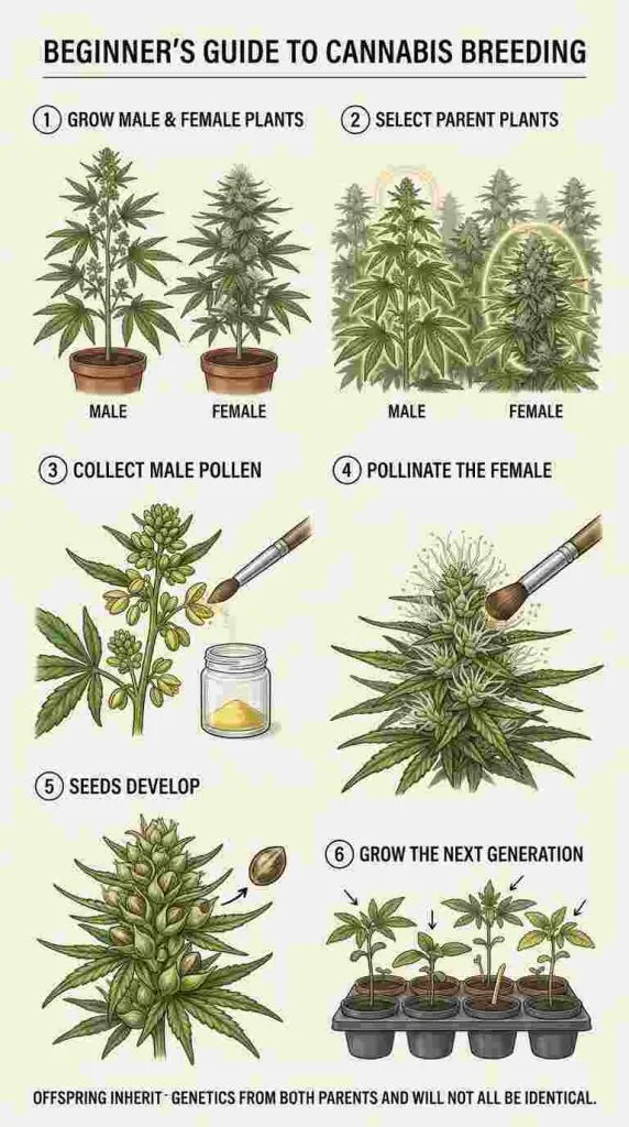 Step-by-step infographic showing cannabis breeding from male and female parent selection to pollination and seed production
