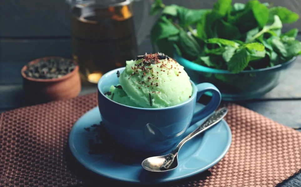 cannabis ice cream in a small tea cup on a plate with a spoon and a plant in the background next to an ash tray and a beer