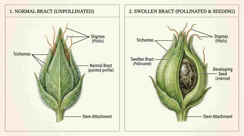 Normal cannabis bract compared with a swollen bract containing a developing seed