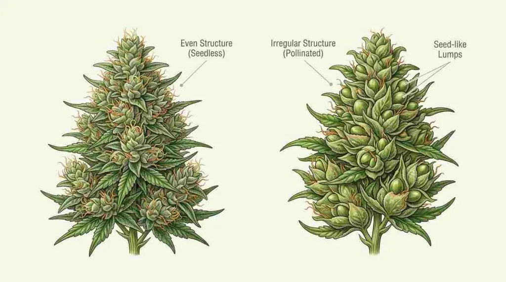 Pollinated cannabis bud showing swollen bracts and uneven seed-like lumps