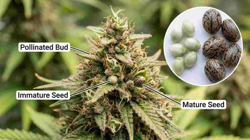 Mature cannabis seeds visible inside a pollinated cannabis bud