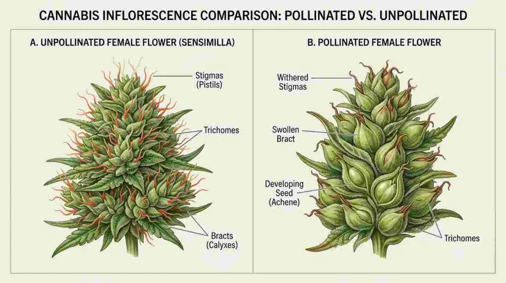 Pollinated cannabis bud with developing seeds compared with an unpollinated seedless bud