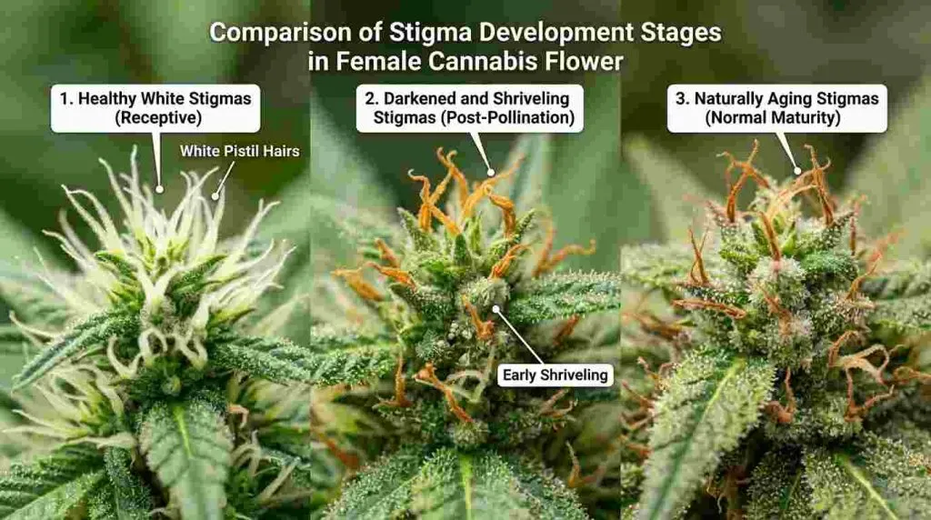 White cannabis stigmas compared with darkened and shriveled stigmas on flowering buds