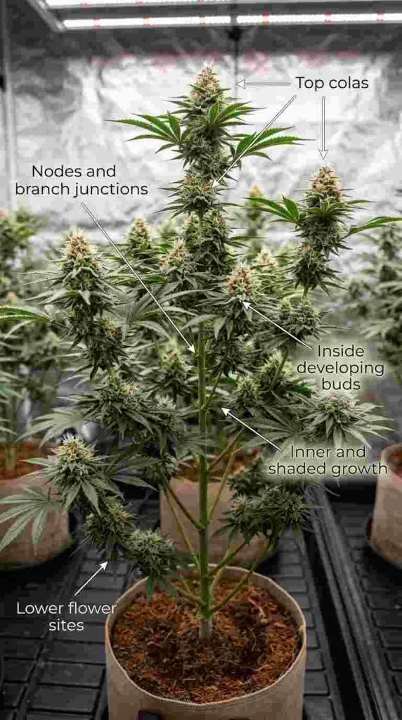Cannabis plant showing where growers should inspect for pollen sacs and nanners.