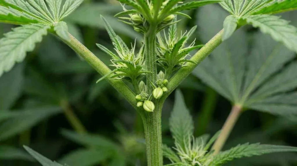 Early pollen sacs developing at a node on a hermie cannabis plant.